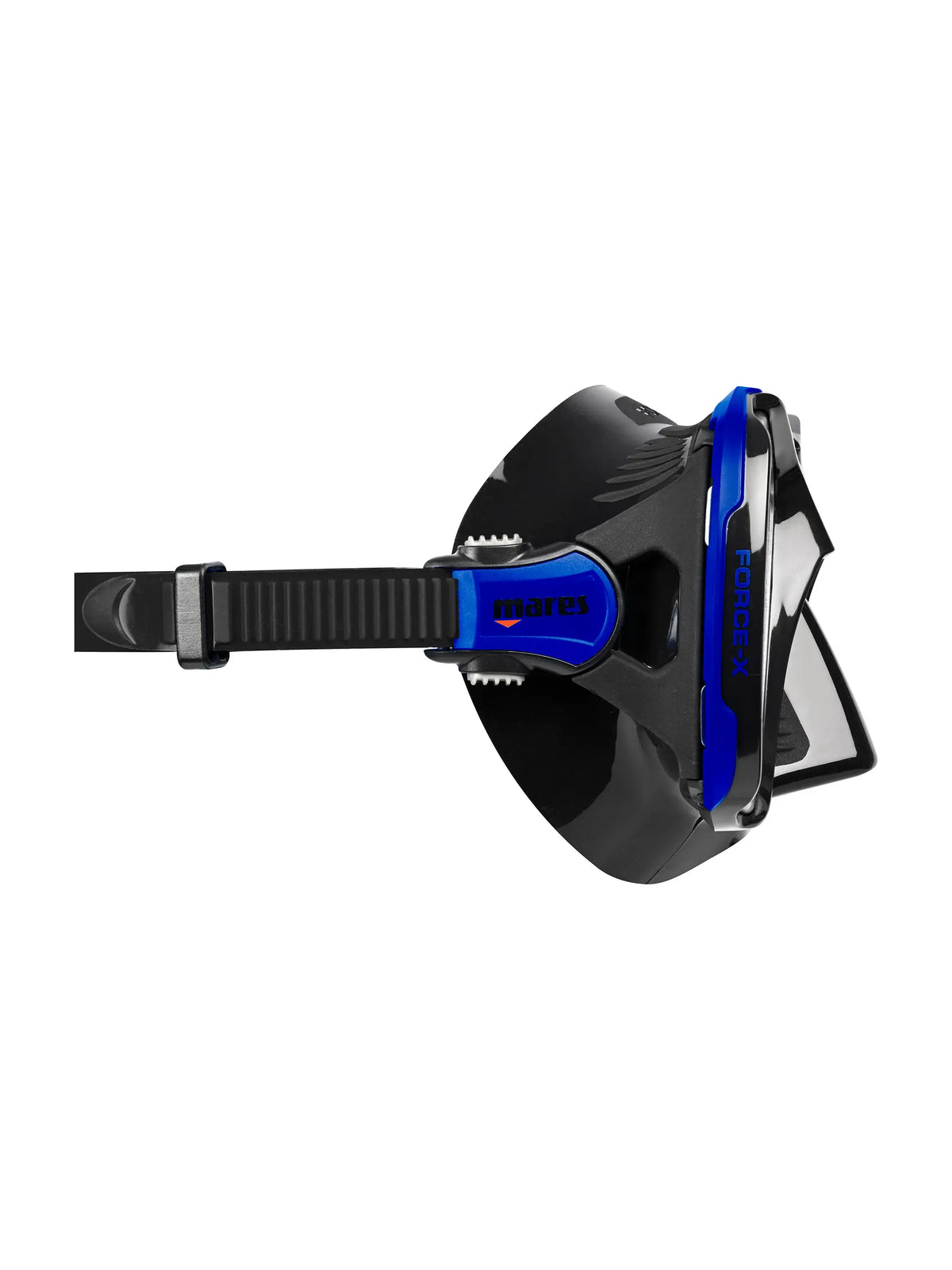 Mares Force-X dive mask in black and blue, side view showing the Y-shaped buckle