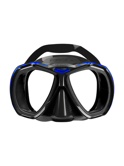 Mares Force-X dive mask in black and blue, front view