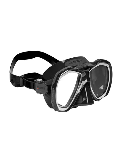 Mares Force-X dive mask in black and grey, three-quarter front view