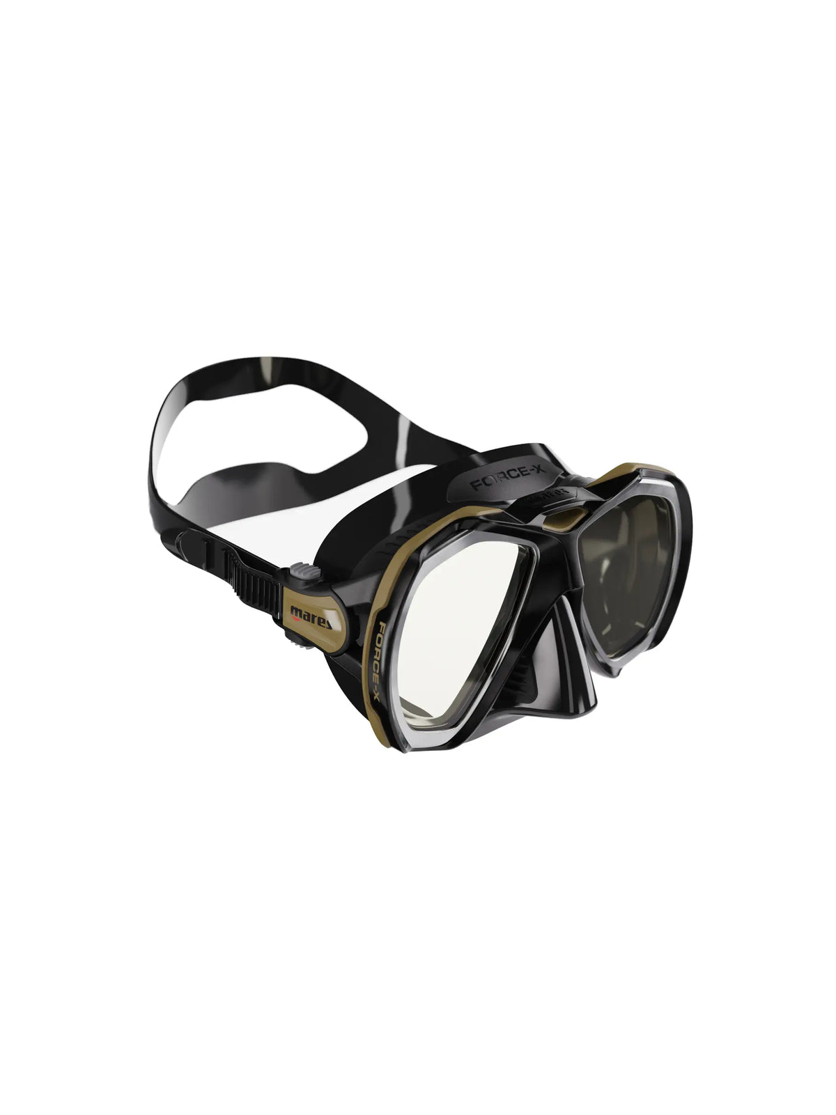 Mares Force-X dive mask in black and olive, three-quarter front view