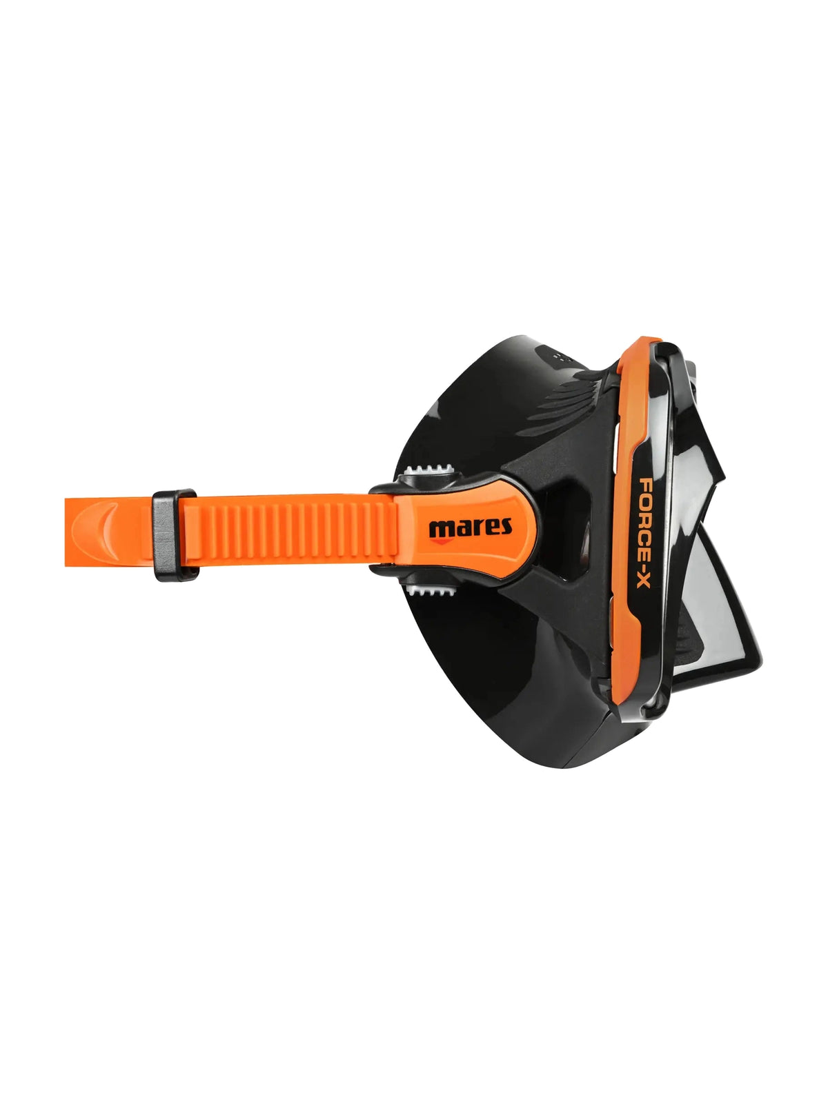 Mares Force-X dive mask in black and orange, side view showing the Y-shaped buckle