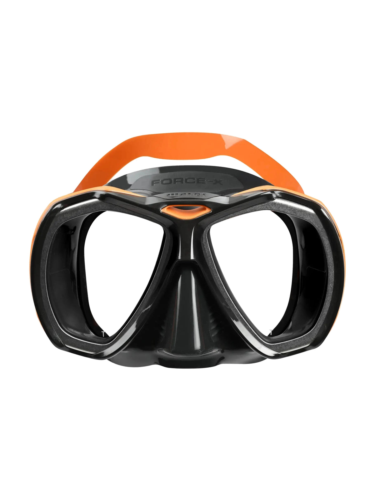 Mares Force-X dive mask in black and orange, front view