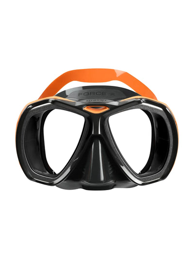 Mares Force-X dive mask in black and orange, front view