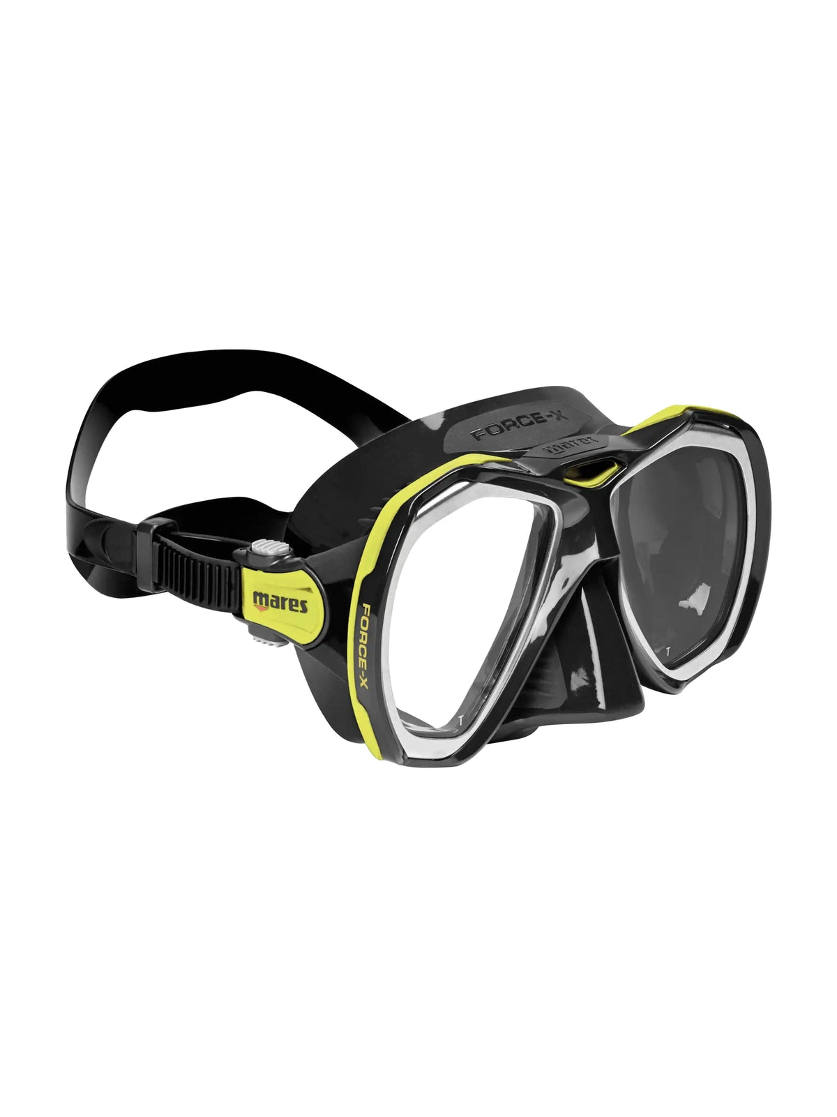 Mares Force-X dive mask in black and yellow, three-quarter front view
