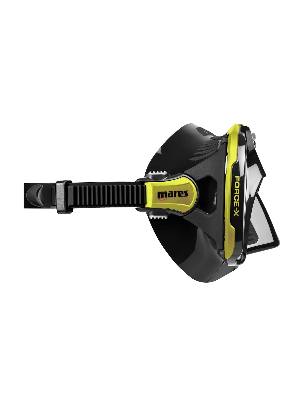 Mares Force-X dive mask in black and yellow, side view showing the Y-shaped buckle