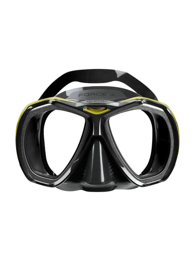 Mares Force-X dive mask in black and yellow, front view