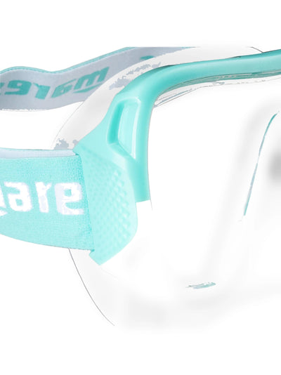 Mares Keewee mask and snorkel combo in mint, close-up of the elastic strap and frame