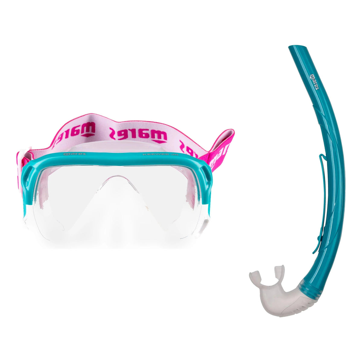 Mares Keewee Junior mask in aqua with a pink strap and junior snorkel in teal