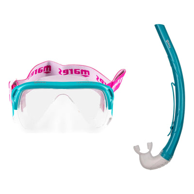 Mares Keewee Junior mask in aqua with a pink strap and junior snorkel in teal