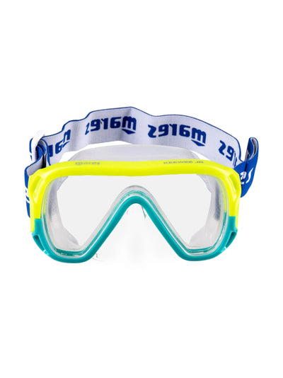 Mares Keewee Junior mask and snorkel combo in aqua and yellow, front view of the mask