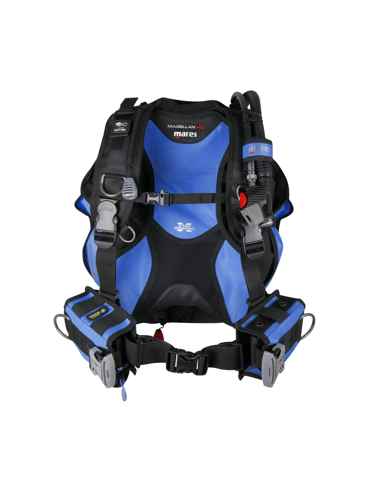 Front view of the blue Mares Magellan HD showing the chest buckle, inflator hose and weight pockets