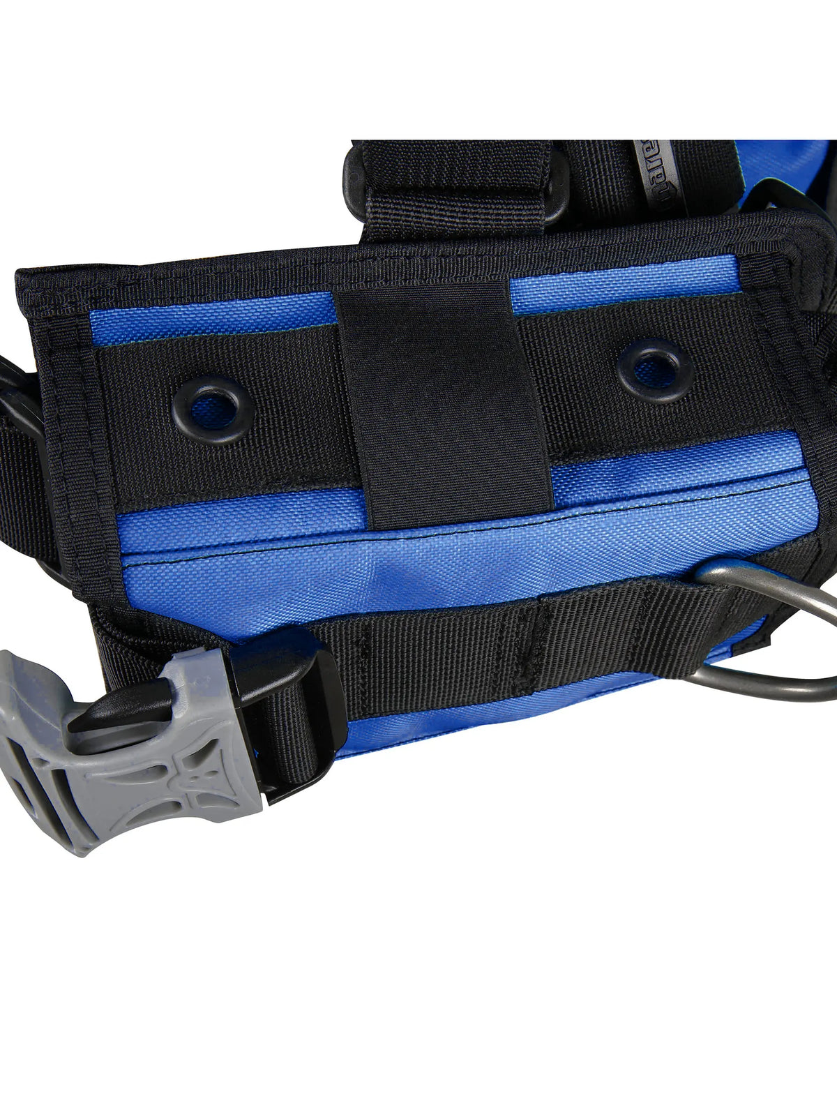 Close-up of the blue Mares Magellan HD left pocket with knife grommets and weight pocket handle
