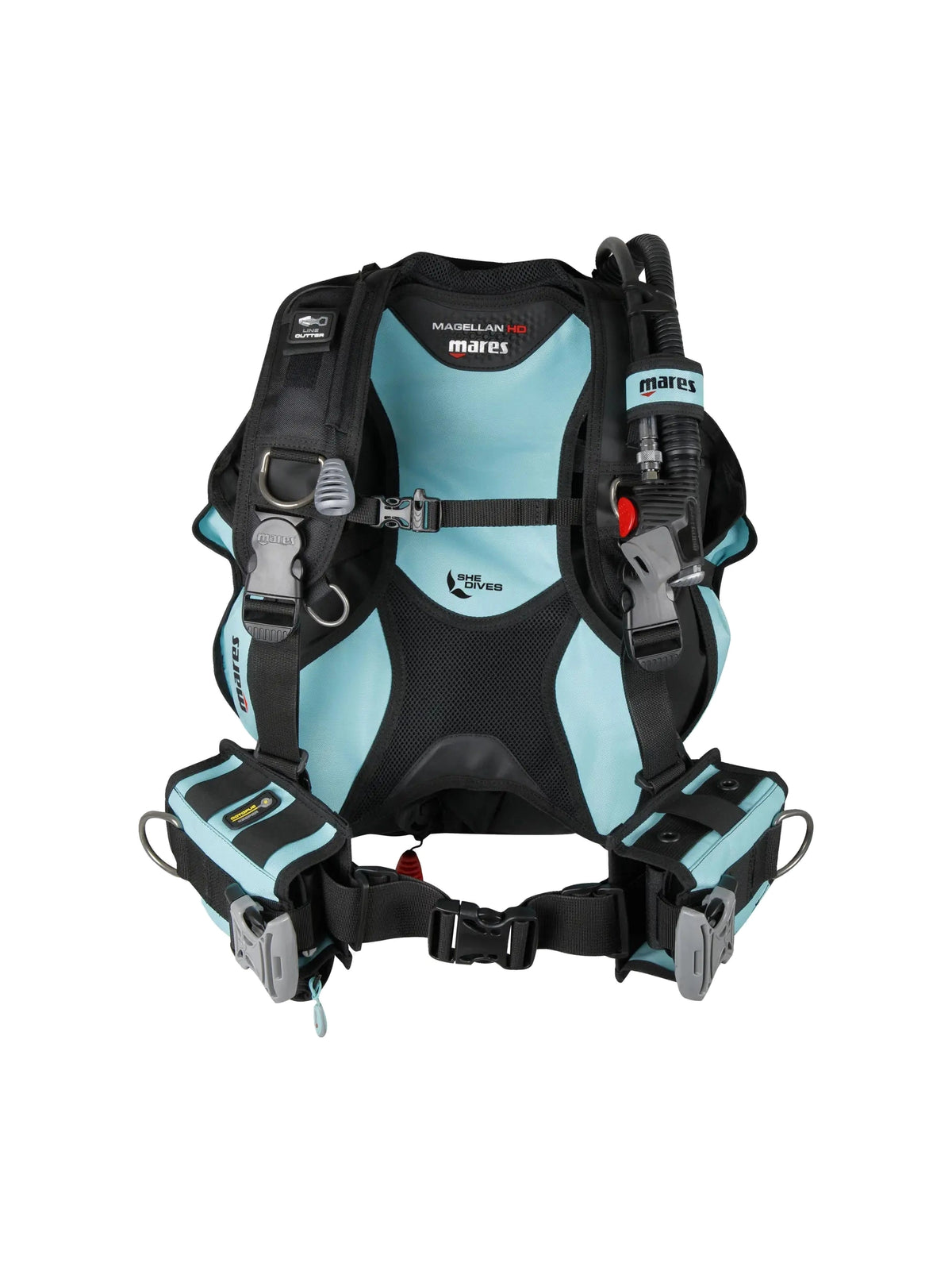 Mares Magellan HD She Dives women's BCD in black with aqua panels, front three-quarter view