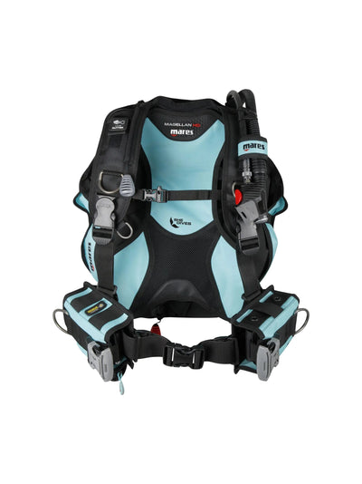 Front view of the Mares Magellan HD She Dives women's BCD with chest buckle and weight pockets