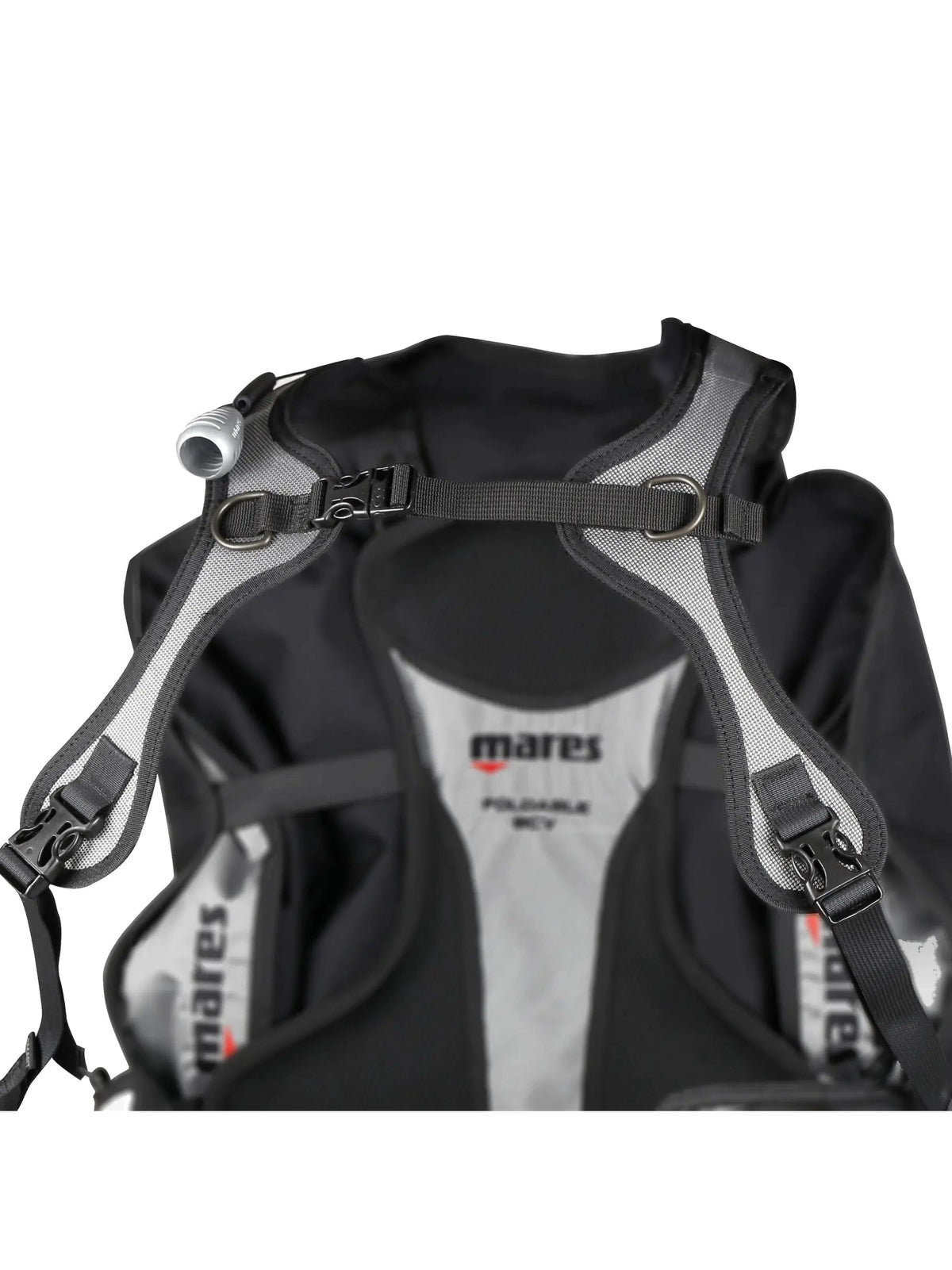 Mares Magellan travel BCD in black and grey, front three-quarter view