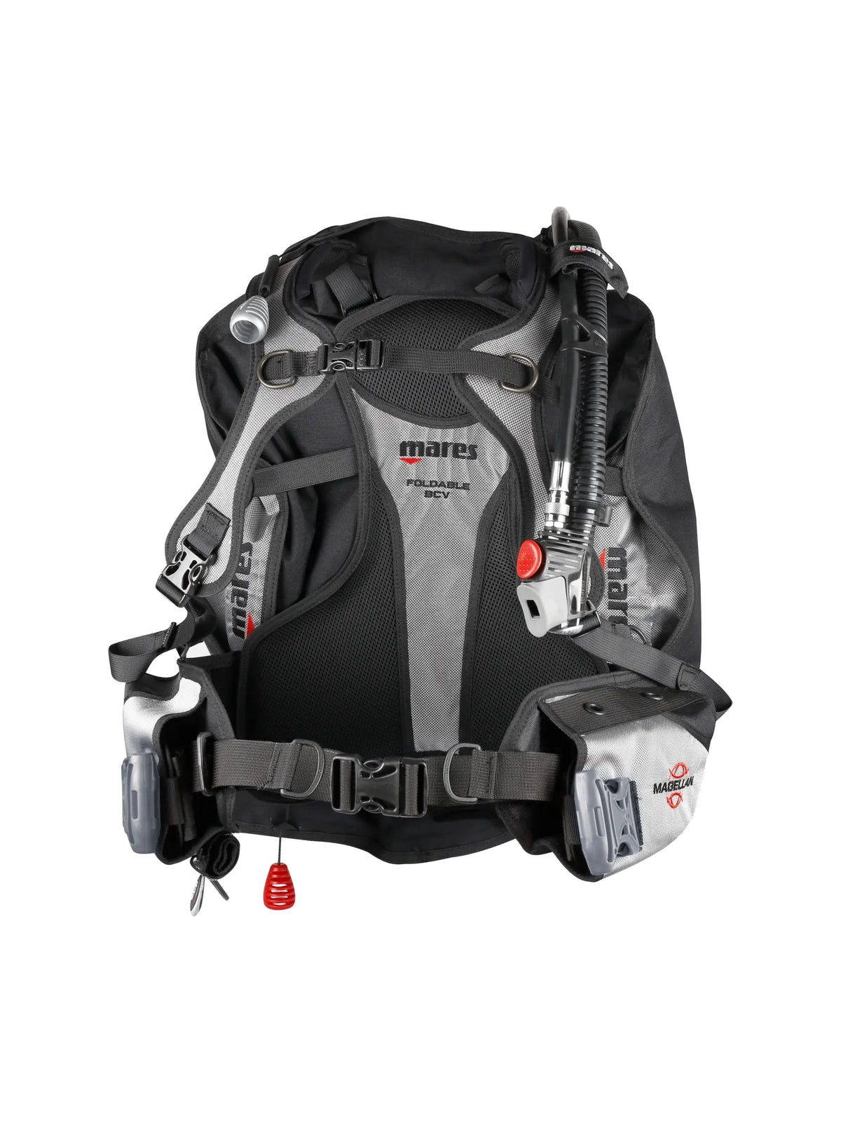 Mares Magellan travel BCD in black and grey, front three-quarter view
