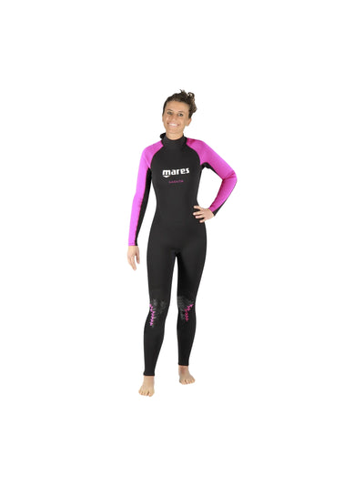 Mares Manta 2.2 mm women's full wetsuit with pink sleeves on a model, size XS