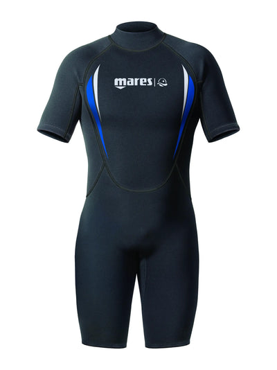 Mares Manta 2.2 mm men's shorty wetsuit, black with blue side panels, sizes XXS and XS