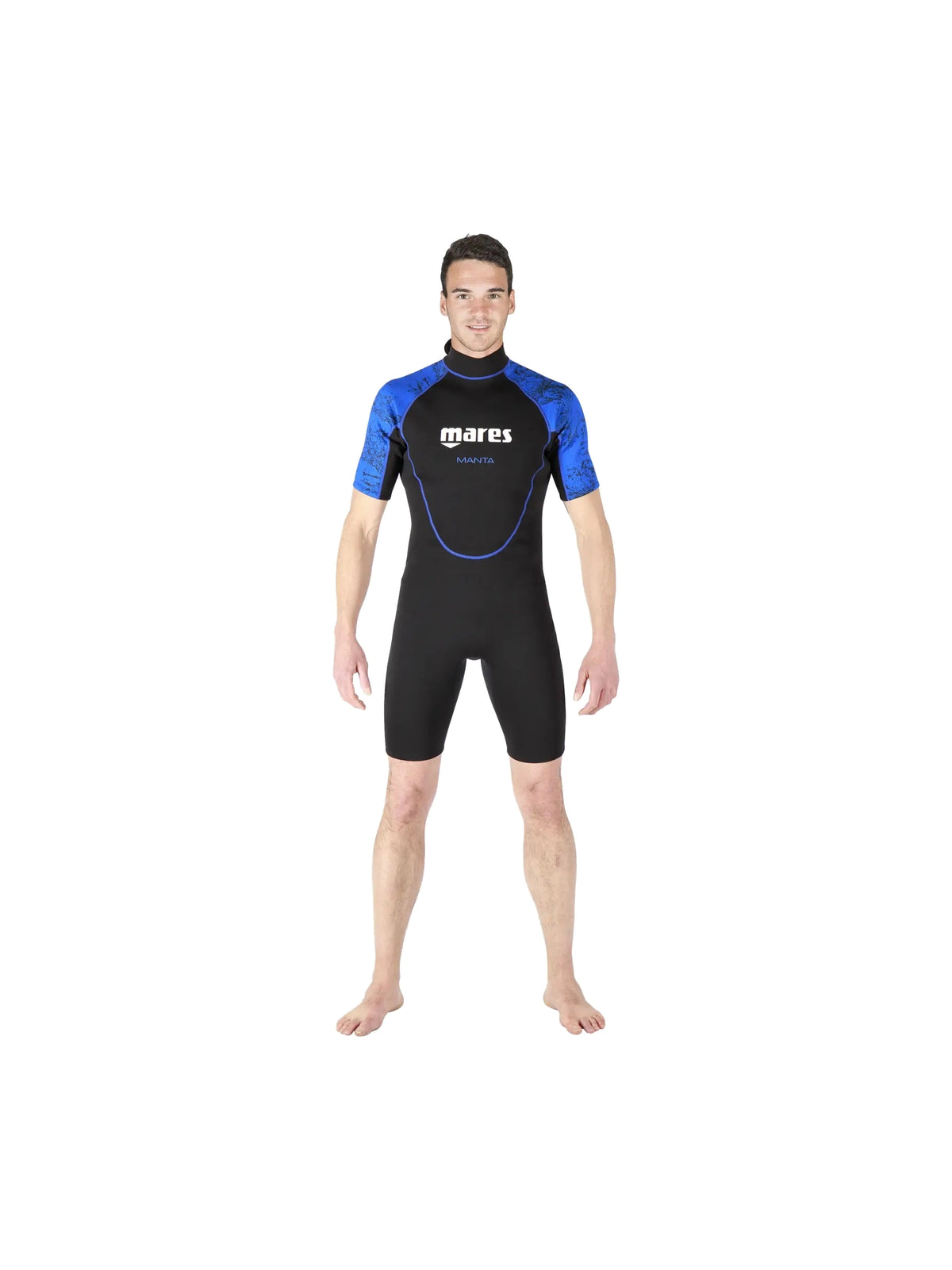 Mares Manta 2.2 mm men's shorty wetsuit with blue sleeves on a model, sizes S and M
