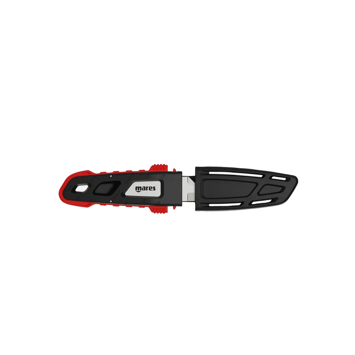 Mares MC-70 dive knife with red and black handle, blade out