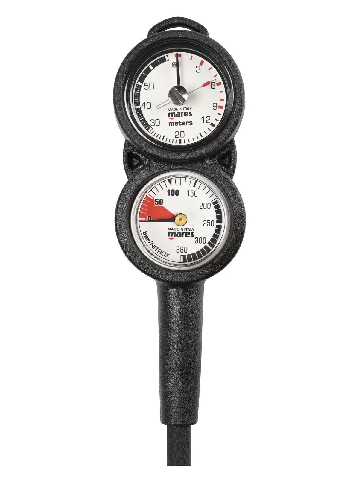 Mares MR-2D console with a pressure gauge and a depth gauge on a black hose