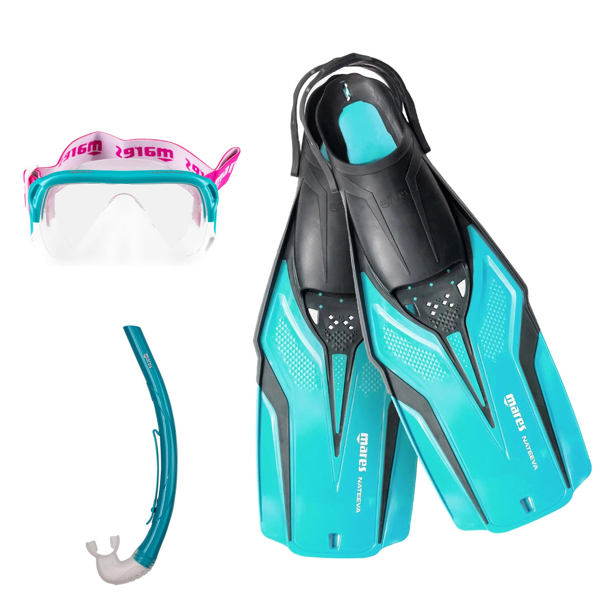 Mares Keewee Junior mask, junior snorkel and Nateeva Junior fins, all aqua