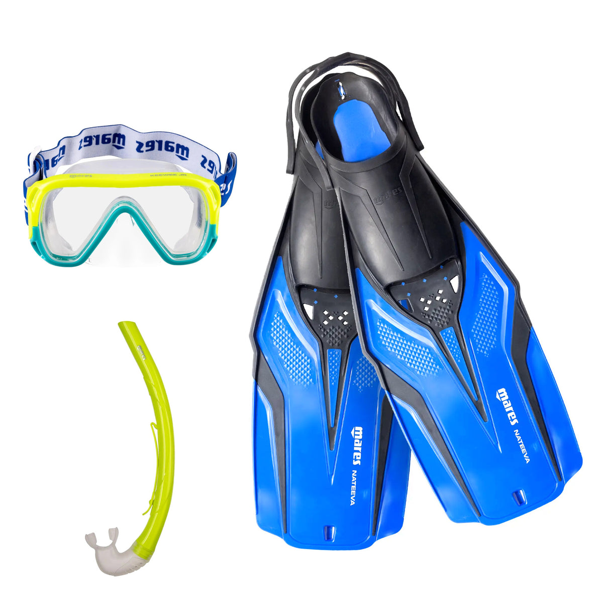 Mares Keewee Junior mask, junior snorkel and Nateeva Junior fins, all aqua