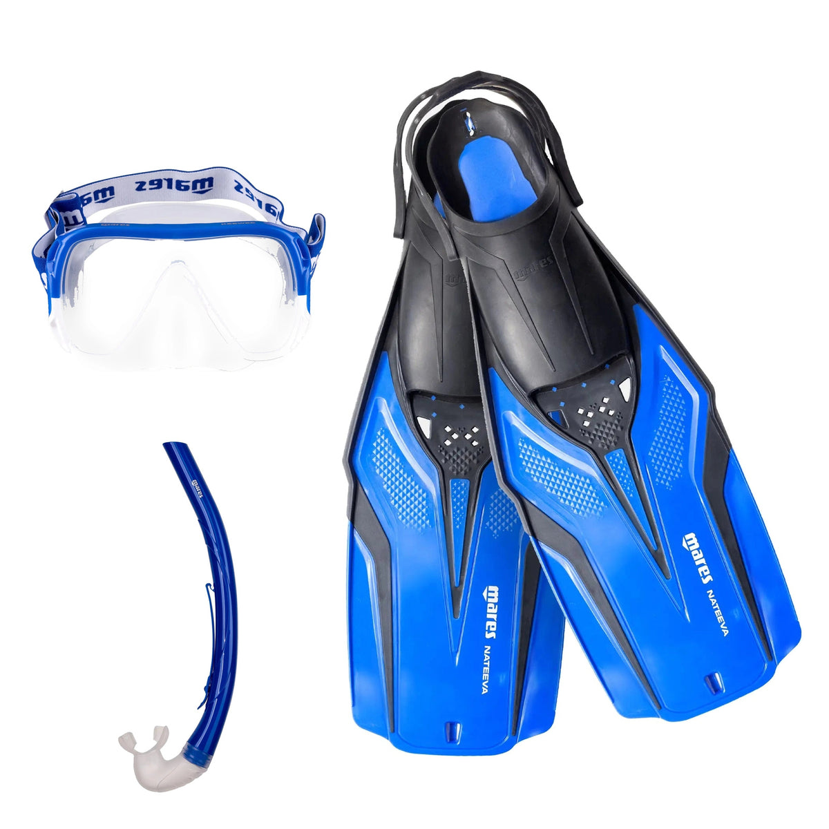 Mares Keewee mask and snorkel in aqua with white Nateeva fins