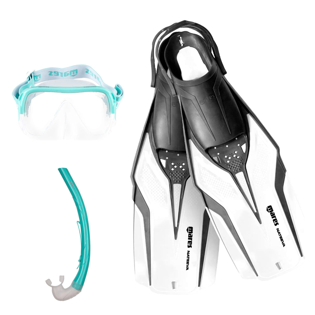 Mares Keewee mask and snorkel in aqua with white Nateeva fins