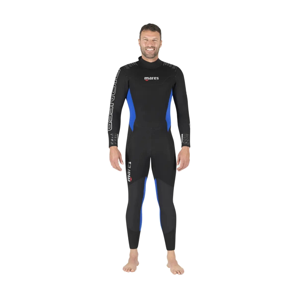 Mares Pioneer 5mm men's wetsuit in black with blue panels, front view