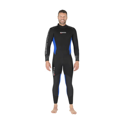 Mares Pioneer 5mm men's wetsuit in black with blue panels, front view