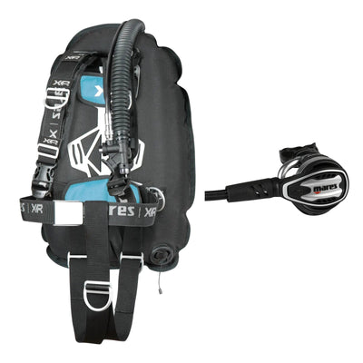 Mares XR-Rec Trim single backmount set in black with aqua padding and Planet 88X TBP regulator in silver and black