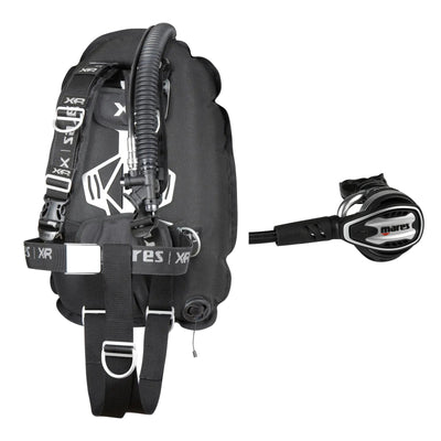 Mares XR-Rec Trim single backmount set in black and Planet 88X TBP regulator in silver and black