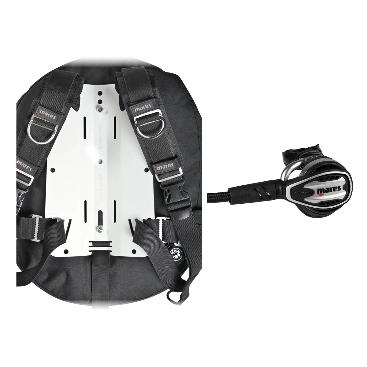 Mares Rover Tech BCD in black with a silver backplate and Planet 88X TBP regulator in silver and black