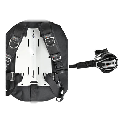 Mares Rover Tech BCD in black with a silver backplate and Planet 88X TBP regulator in silver and black