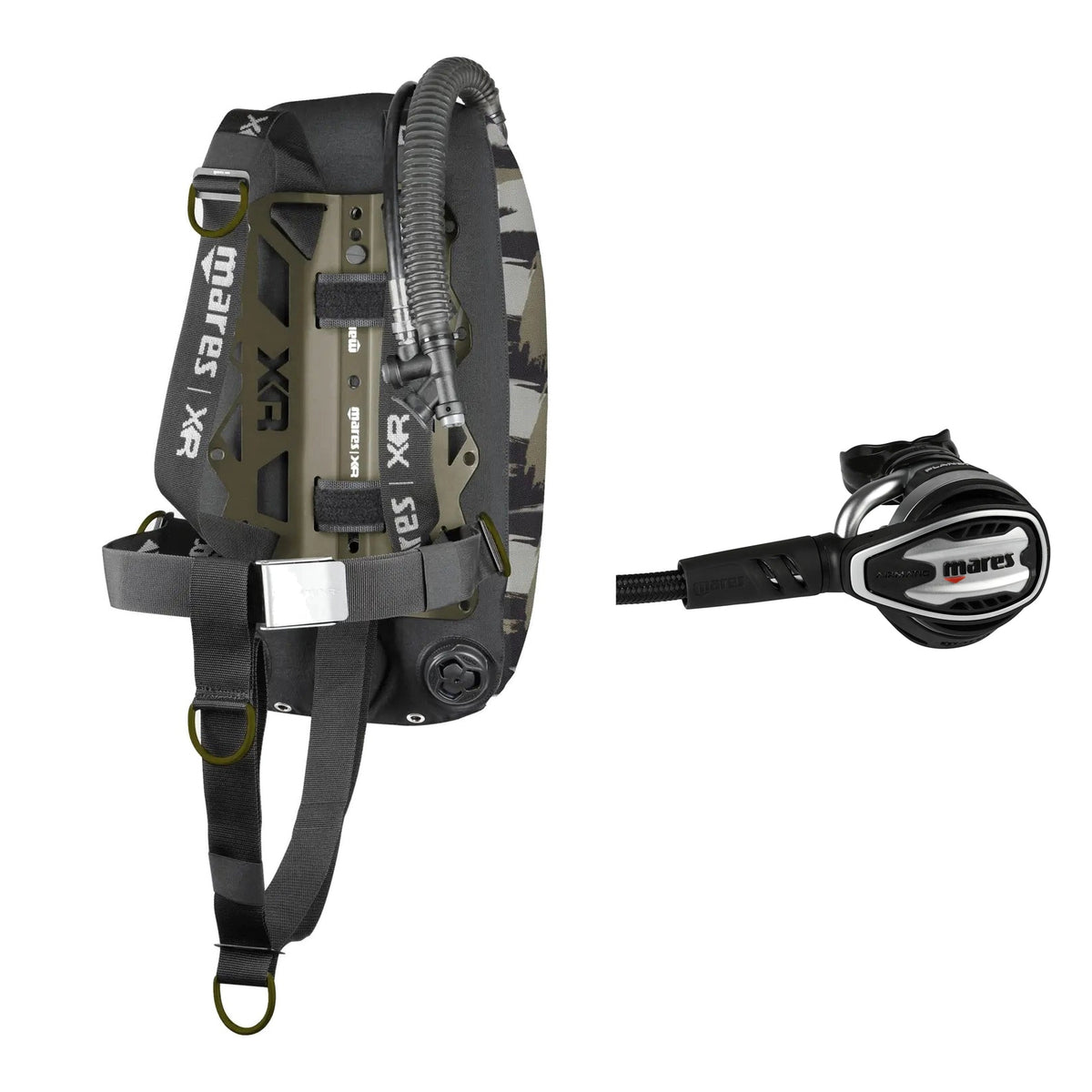 Mares Tactical Green single backmount set in camouflage green and Planet 88X TBP regulator in silver and black