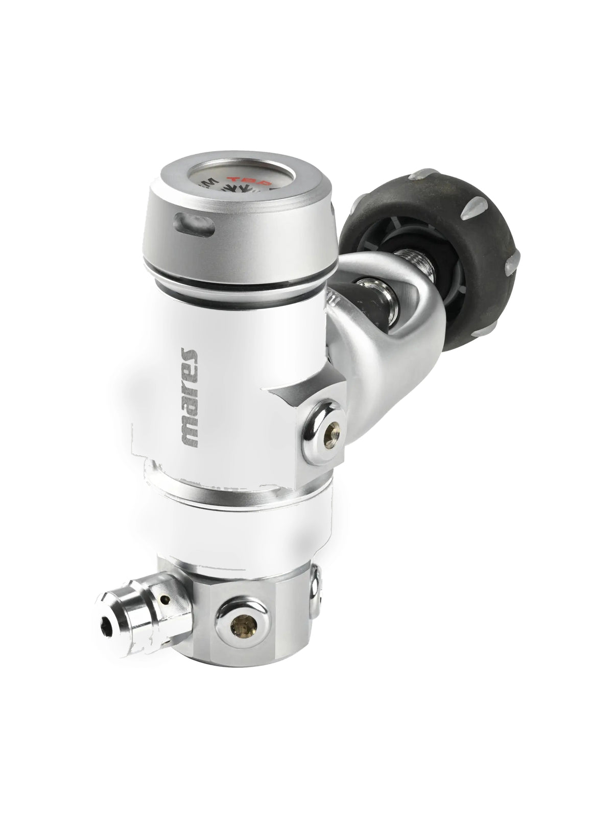 Mares Planet 88X TBP second stage in silver and black on its Superflex hose