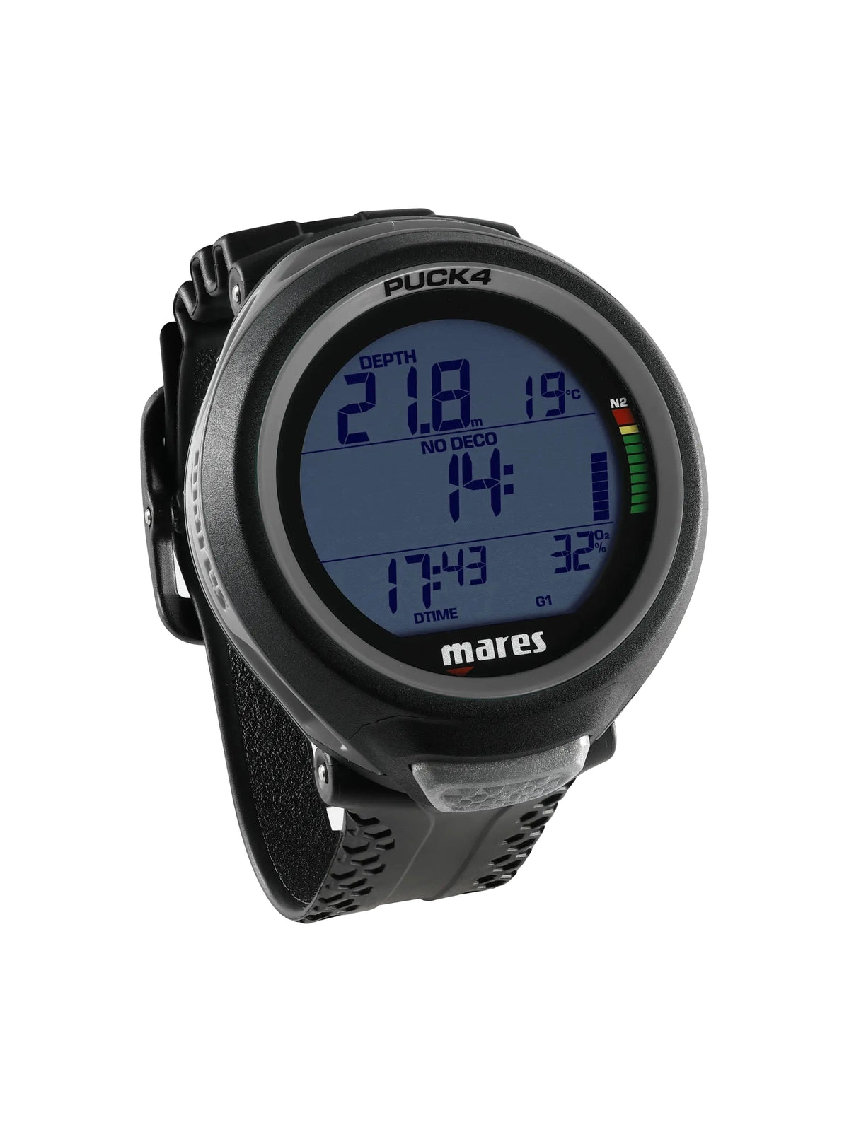 Mares Puck 4 dive computer in black at an angle