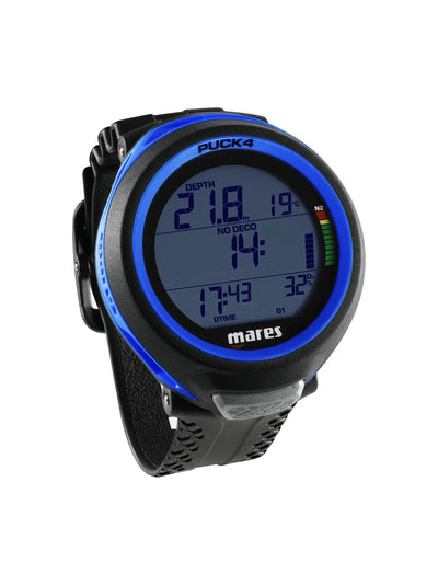 Mares Puck 4 dive computer with a blue bezel at an angle