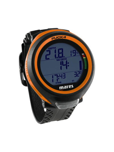 Mares Puck 4 dive computer with an orange bezel at an angle