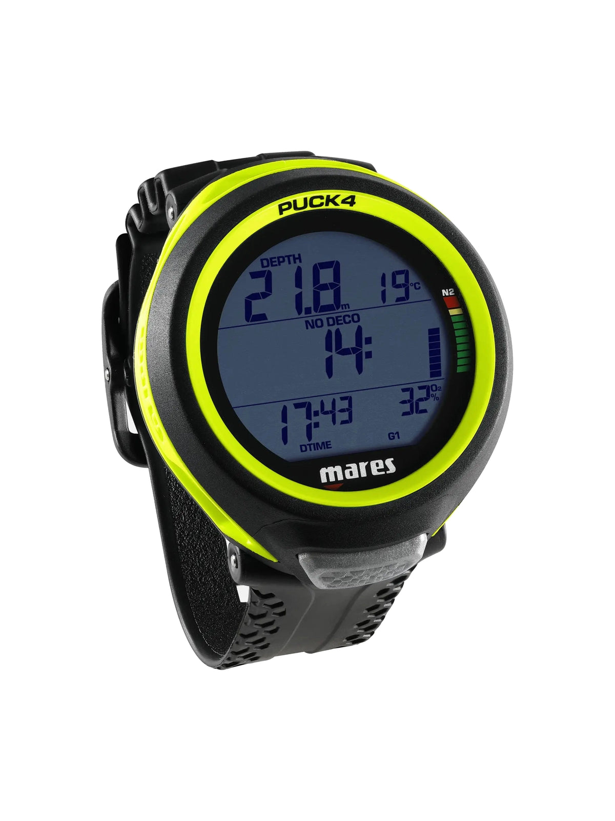Mares Puck 4 dive computer with a yellow bezel at an angle
