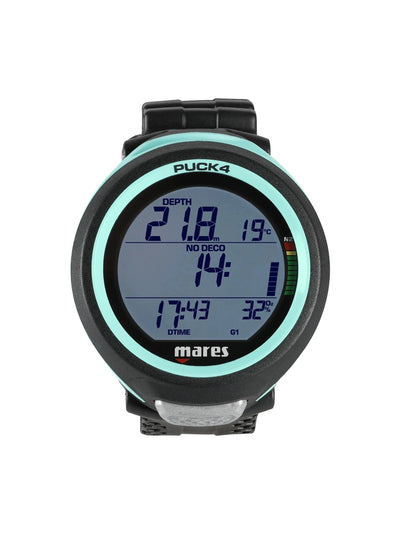 Mares Puck 4 with aqua bezel from the front showing the segment display