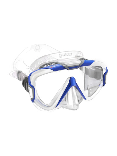 Mares Pure Wire mask in blue and grey, three-quarter front view