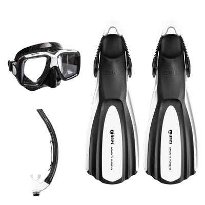 Mares Rover mask in black and white, Rover Pro snorkel in black and Avanti Pure X fins in white