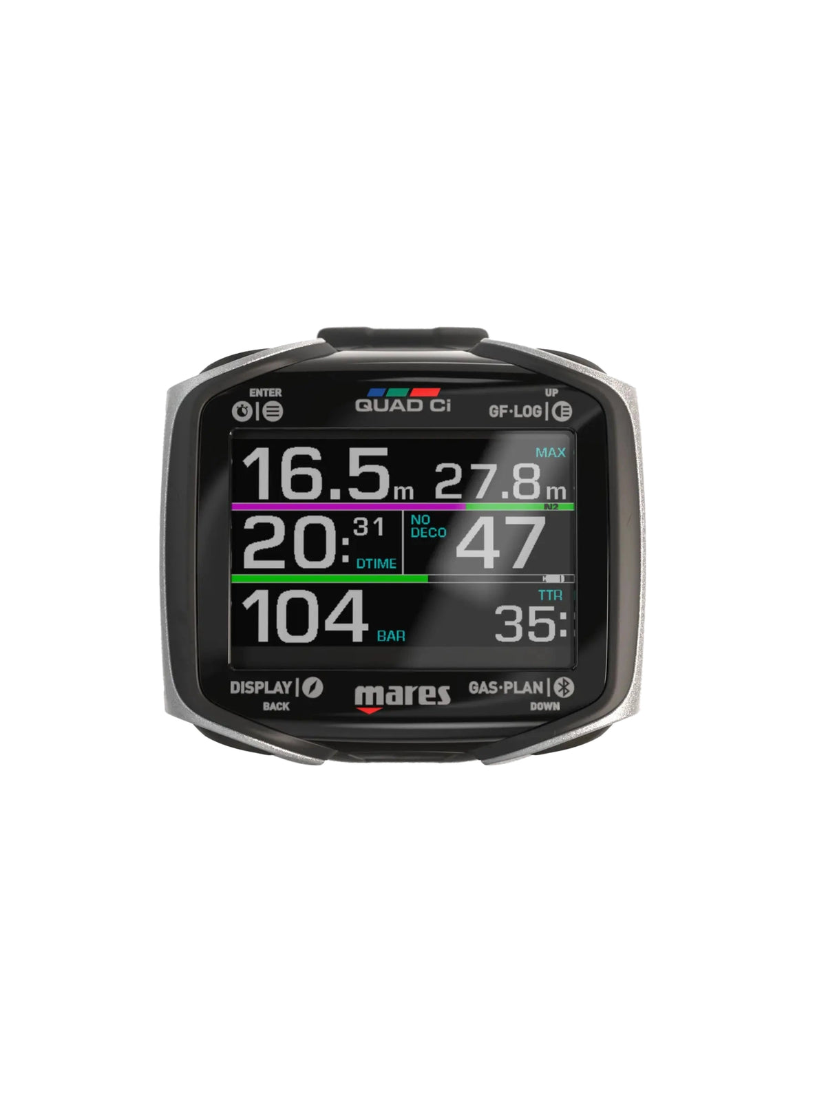 Mares Quad Ci dive computer from the front showing the colour MIP display