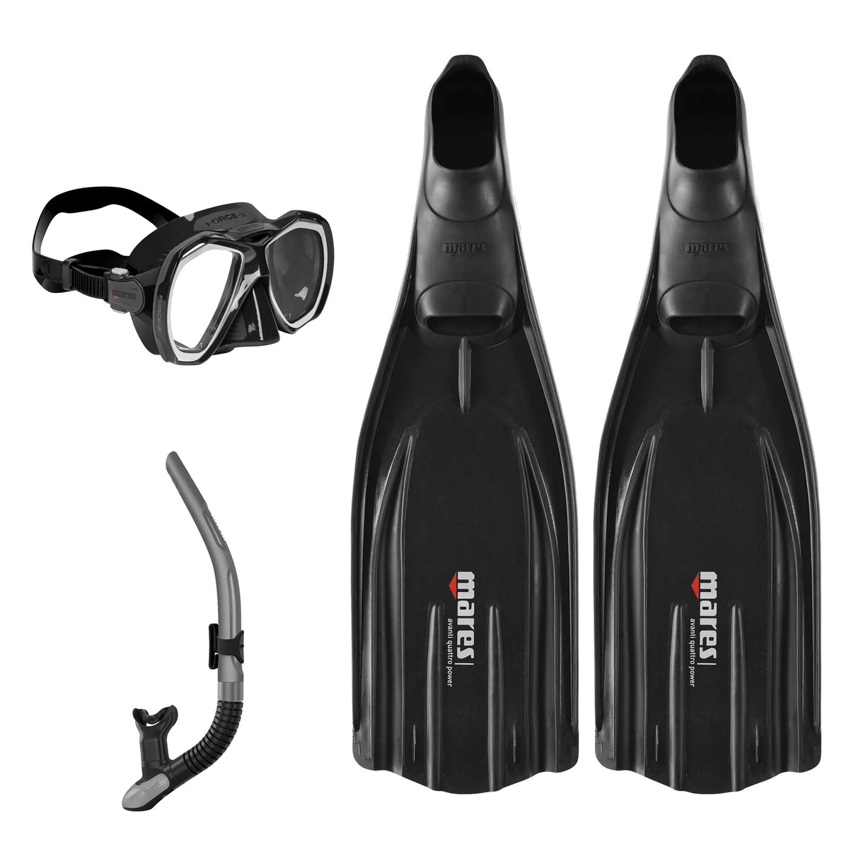 Mares Force-X mask in black, Ergo Flex snorkel in black and grey and Avanti Quattro Power full foot fins in black