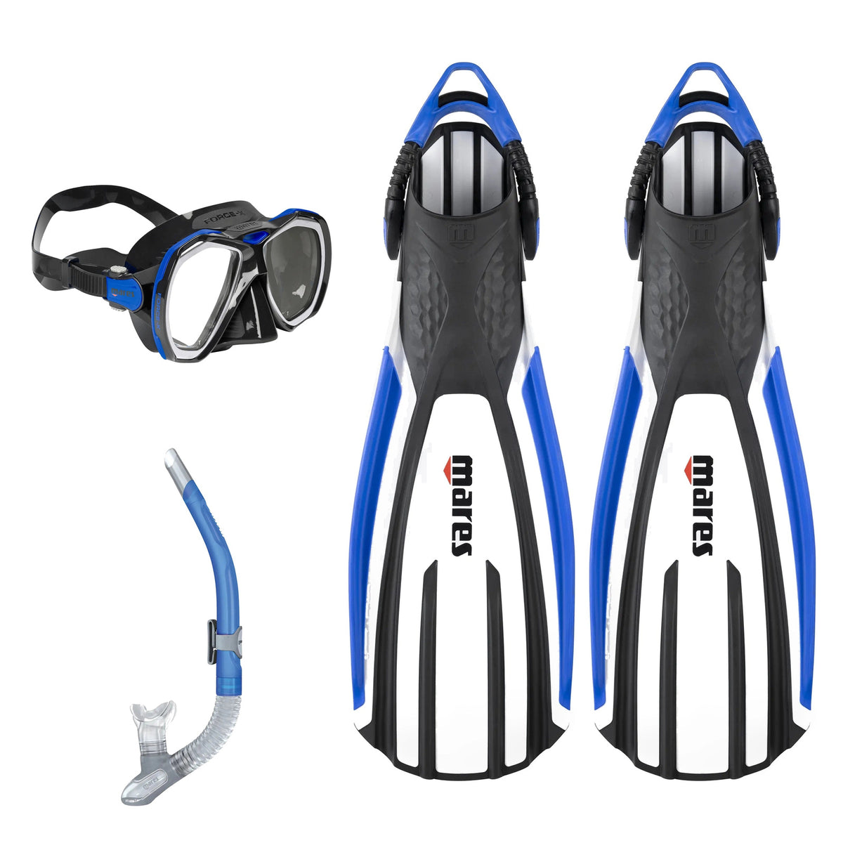 Mares Force-X mask in black, Ergo Flex snorkel in black and grey and Avanti Quattro Power full foot fins in black