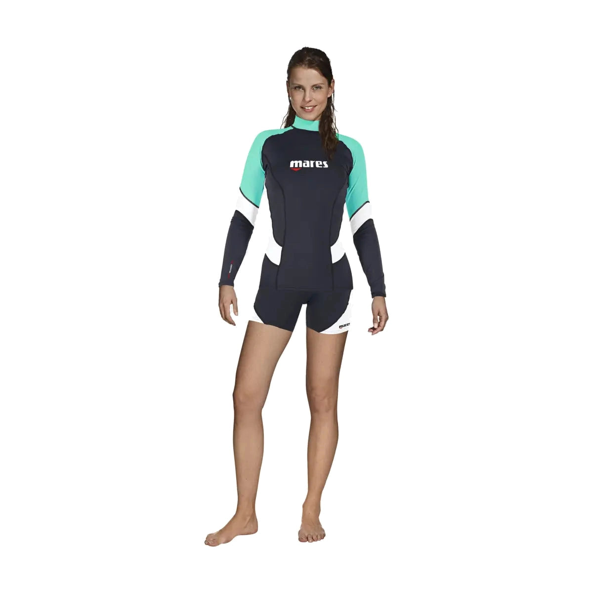 Mares She Dives women's long sleeve rash guard in black with teal shoulders, worn with shorts