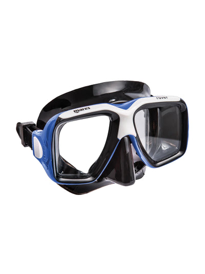 Mares Rover dive mask in black and blue, three-quarter front view