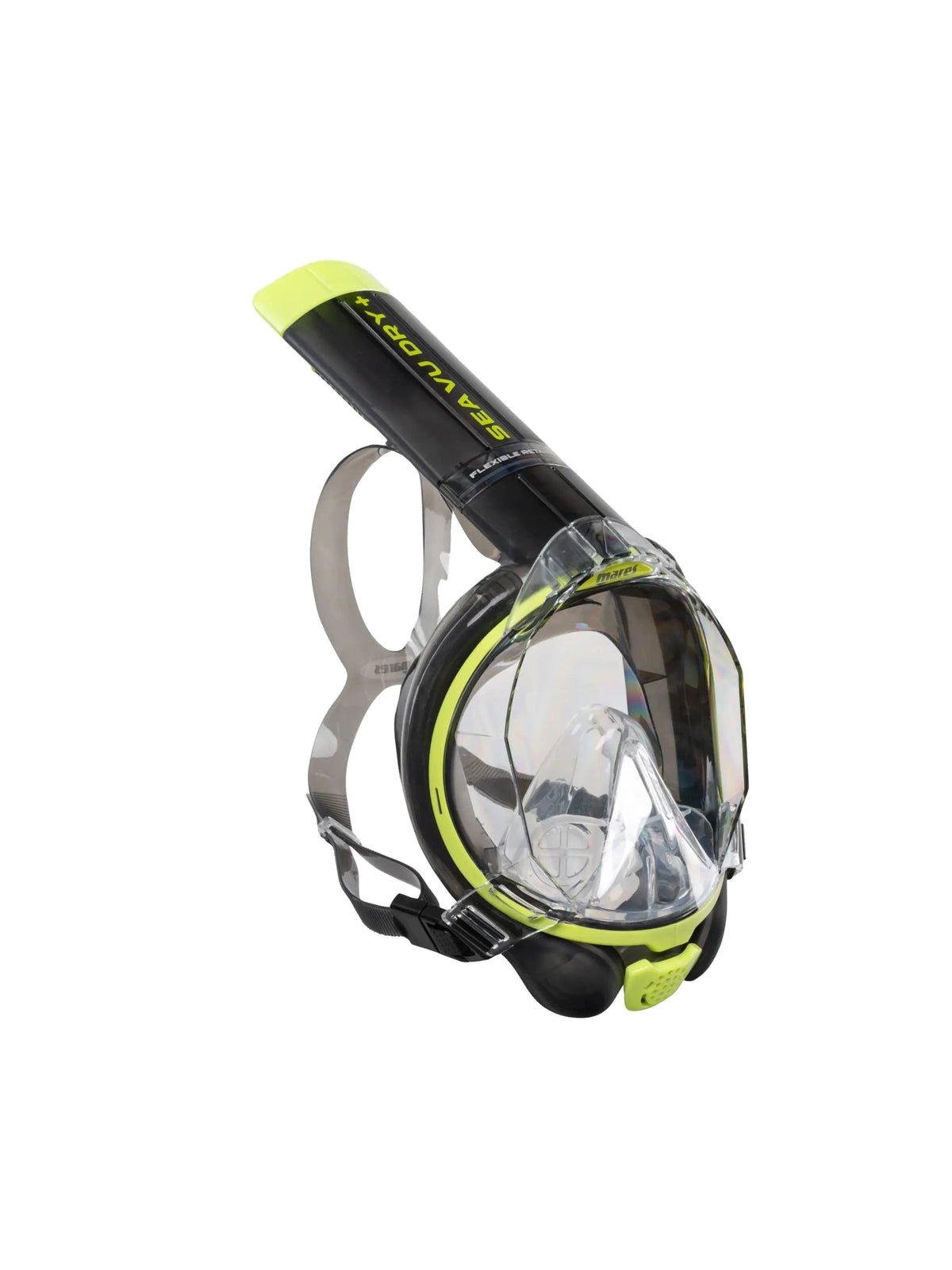 Mares Sea Vu Dry+ full face snorkelling mask in black and lime, three-quarter front view
